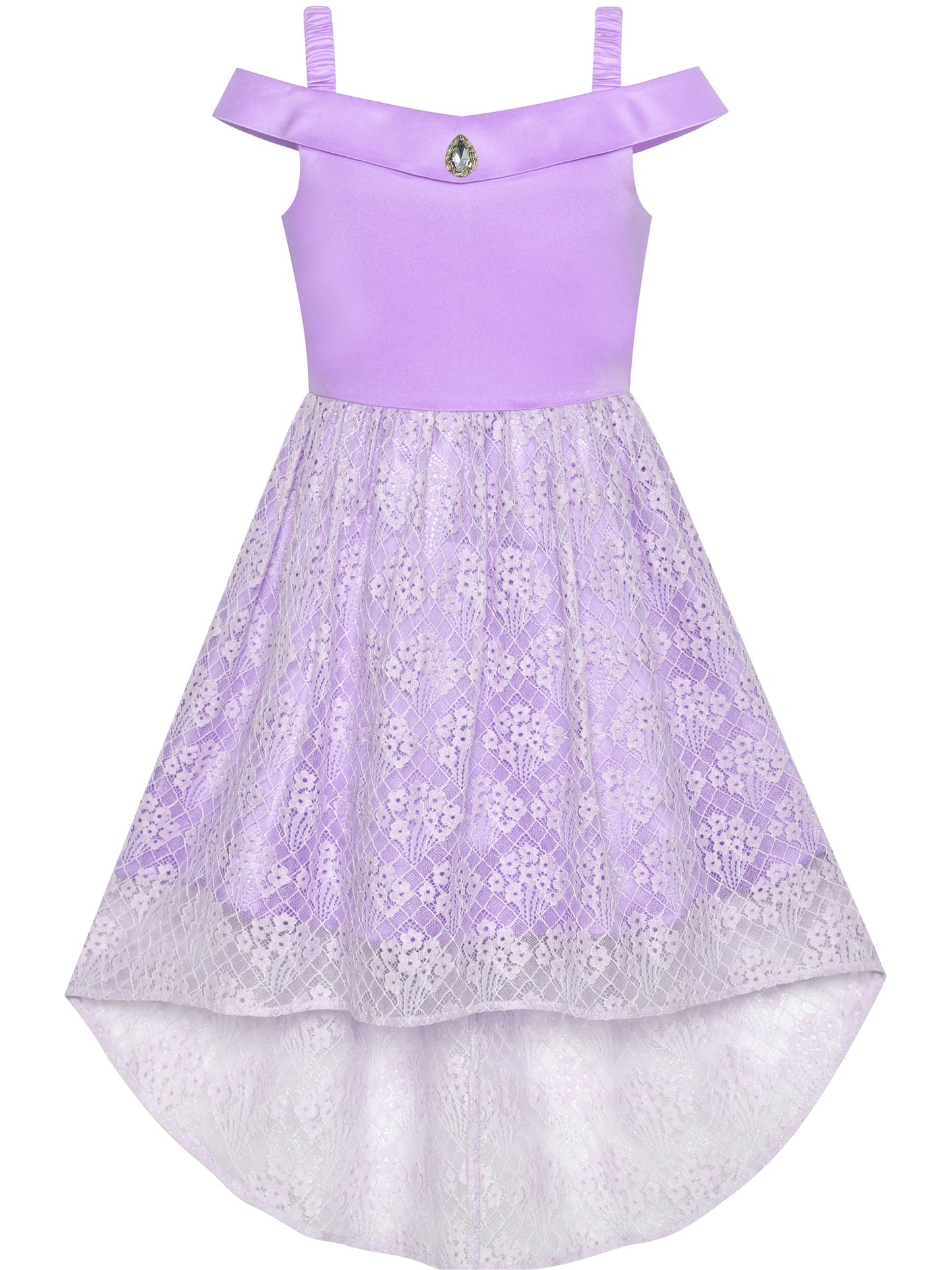 Girls Dress Cold Shoulder Sleeveless Lace Flower Ruffle Purple
