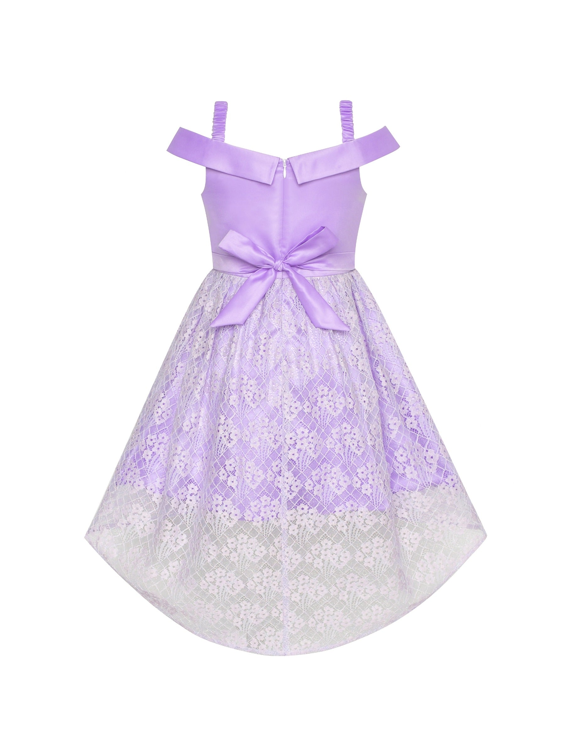 Girls Dress Cold Shoulder Sleeveless Lace Flower Ruffle Purple