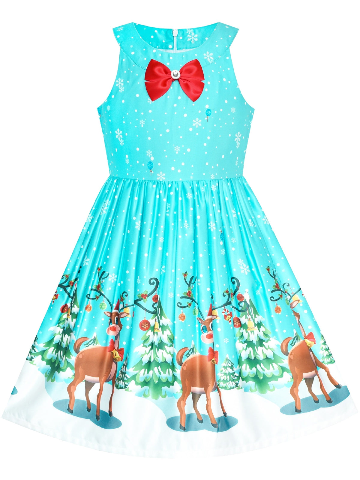 Girls Dress Christmas Santa Snow Xmas Party Turquoise - Blue Reindeer