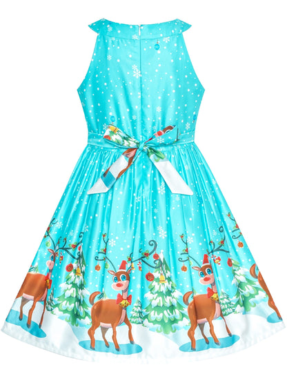 Girls Dress Christmas Santa Snow Xmas Party Turquoise - Blue Reindeer