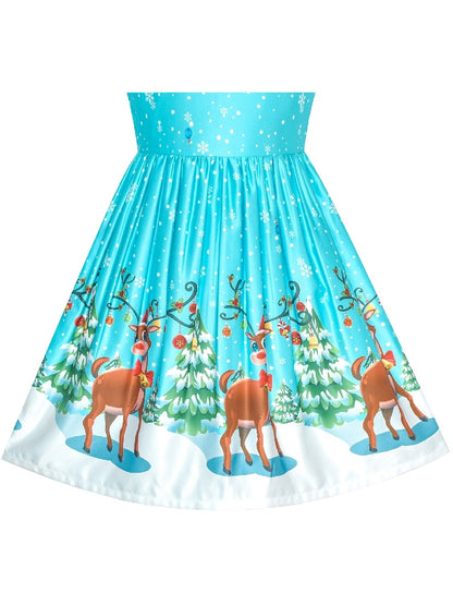Girls Dress Christmas Santa Snow Xmas Party Turquoise - Blue Reindeer
