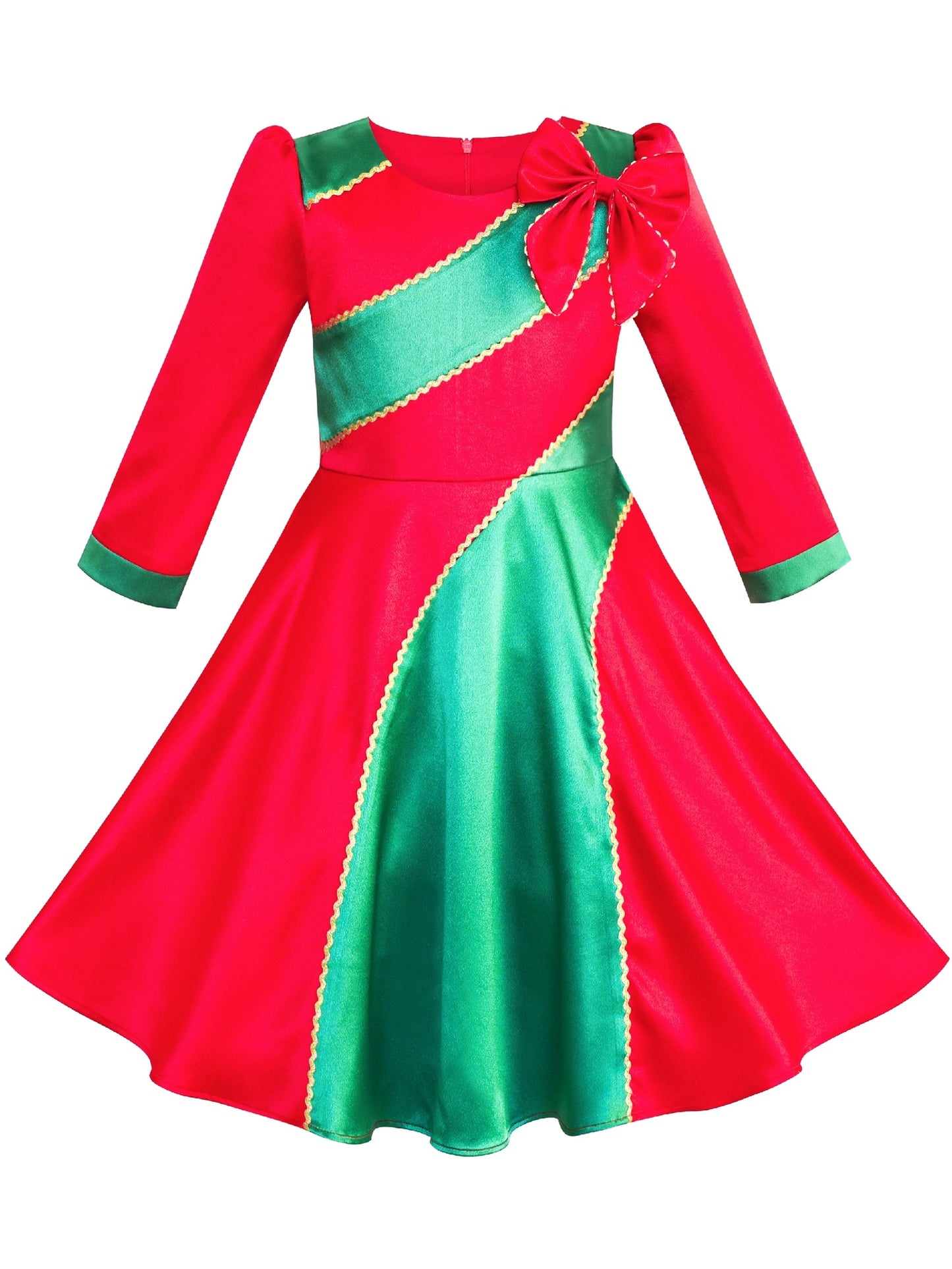 Girls Dress 3/4 Sleeve Christmas Santa Jingle Bell Snow Red