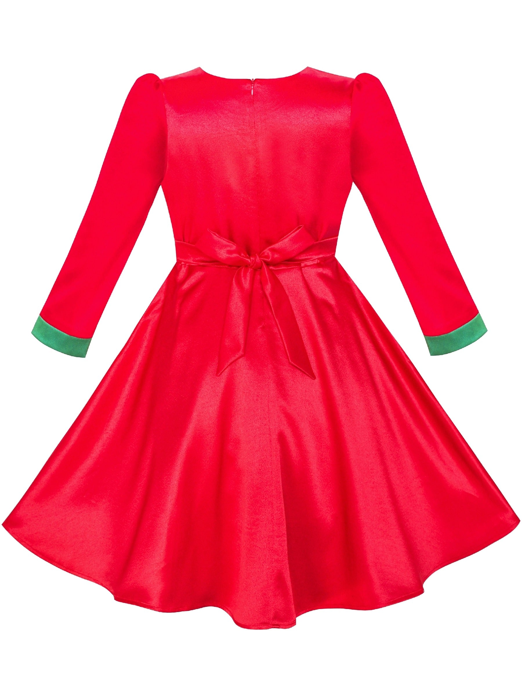 Girls Dress 3/4 Sleeve Christmas Santa Jingle Bell Snow Red