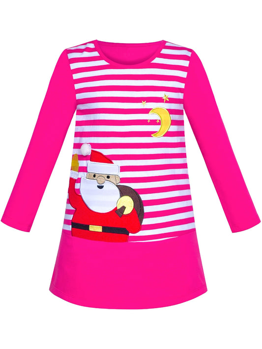 Girls Dress Christmas Santa Pink Cotton Long Sleeve Purple