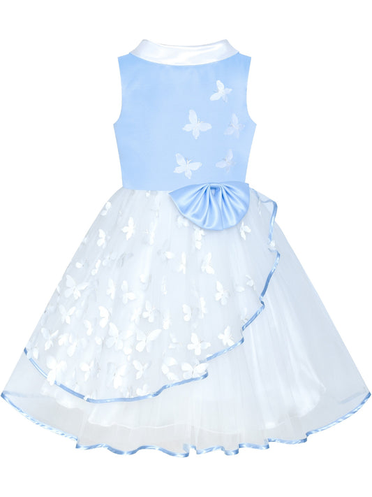 Flower Girls Dress Blue and White Butterfly Pageant Blue