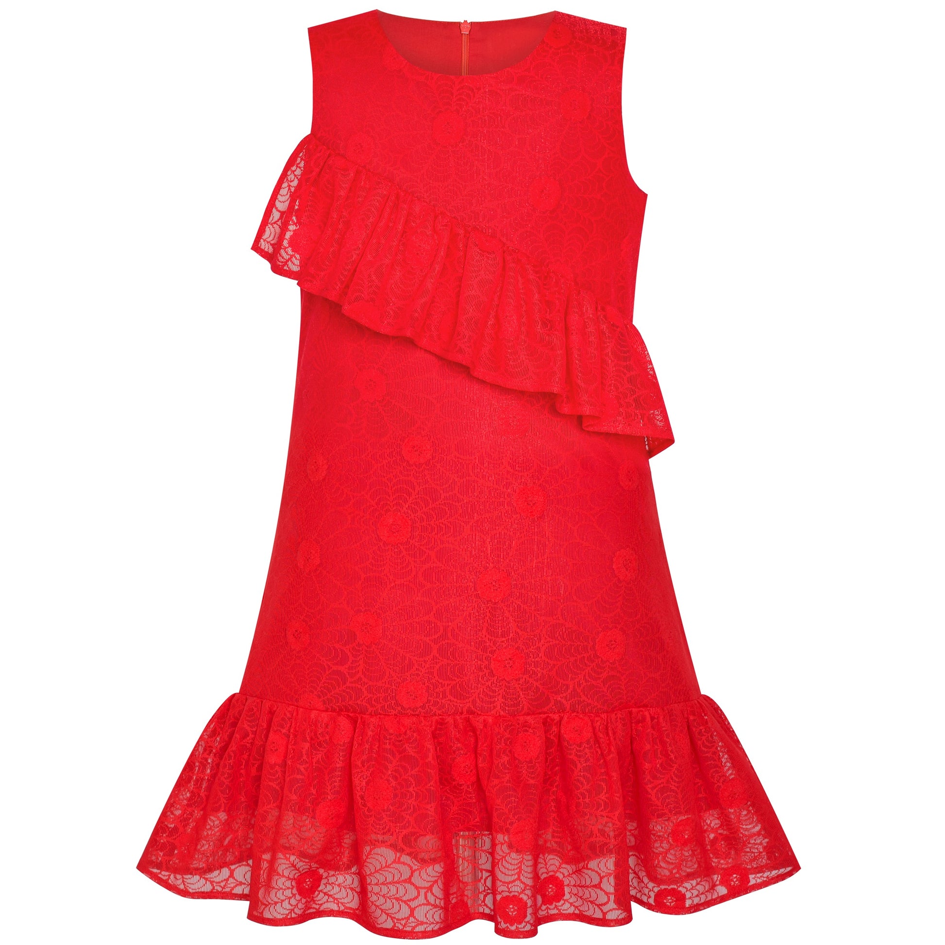 Girls Dress A-line Red Lace Ruffle Skirt Birthday Party Red