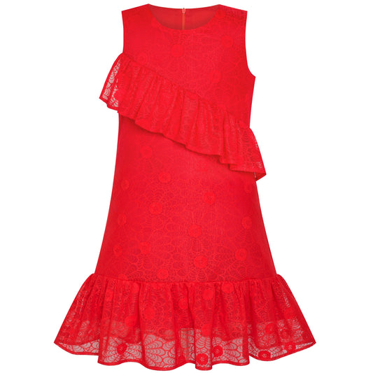 Girls Dress A-line Red Lace Ruffle Skirt Birthday Party Red