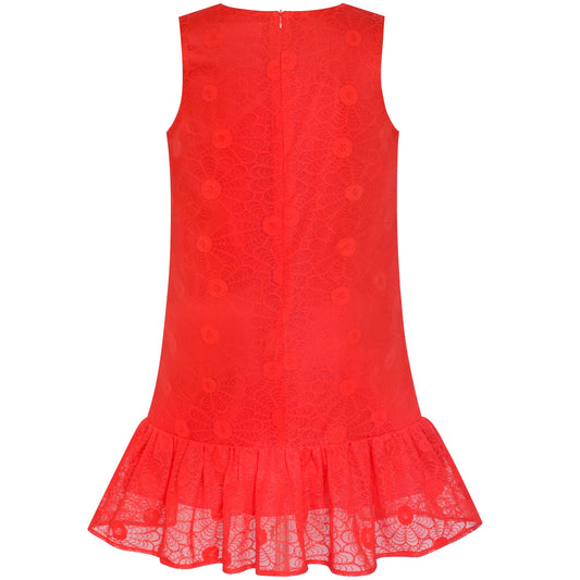 Girls Dress A-line Red Lace Ruffle Skirt Birthday Party Red