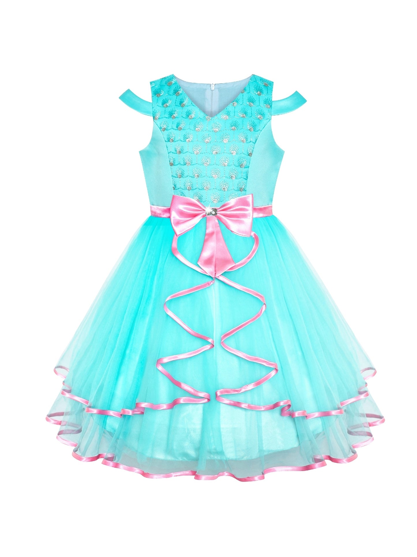 Flower Girls Dress Bow Tie Hi-low Wedding Party Blue