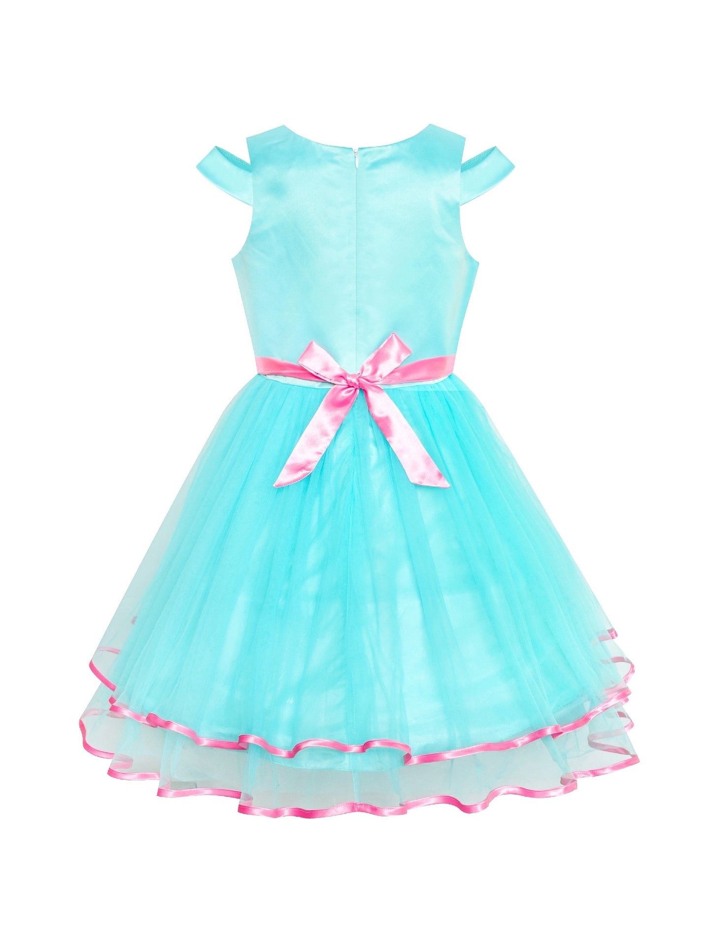 Flower Girls Dress Bow Tie Hi-low Wedding Party Blue