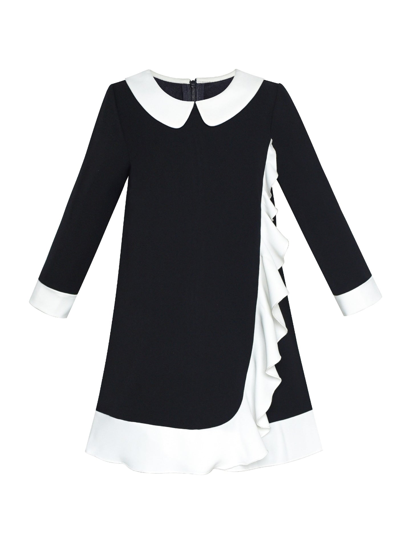 Girls Dress White Collar Velvet Ruffle Sleeve School Uniform Long Sleeve Black