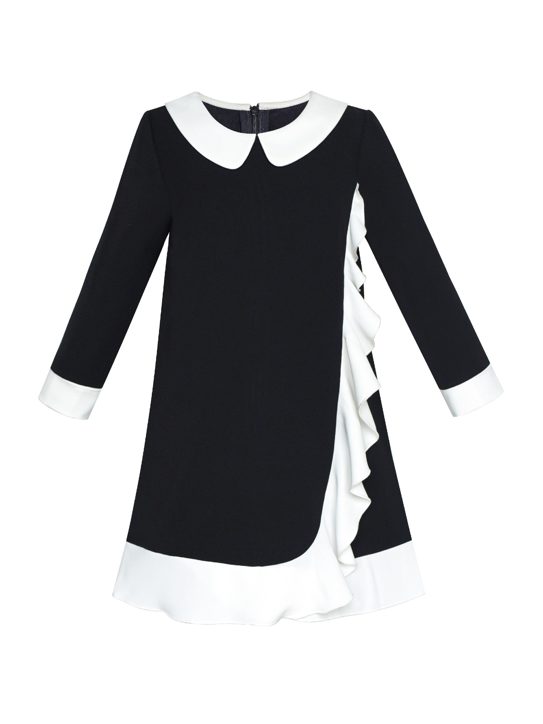Girls Dress White Collar Velvet Ruffle Sleeve School Uniform Long Sleeve Black