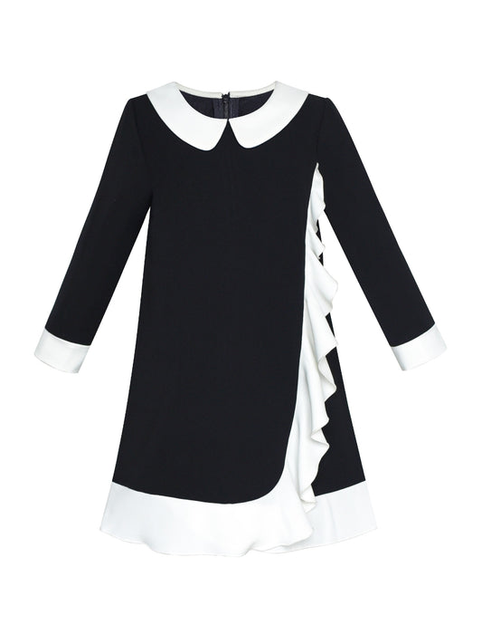 Girls Dress White Collar Velvet Ruffle Sleeve School Uniform Long Sleeve Black