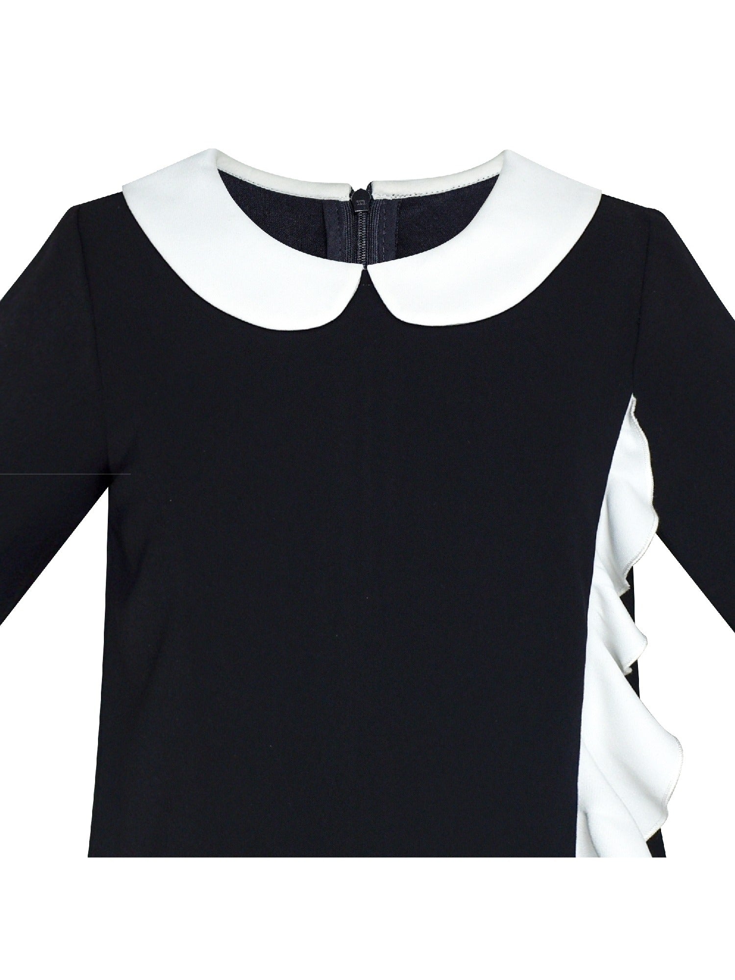Girls Dress White Collar Velvet Ruffle Sleeve School Uniform Long Sleeve Black