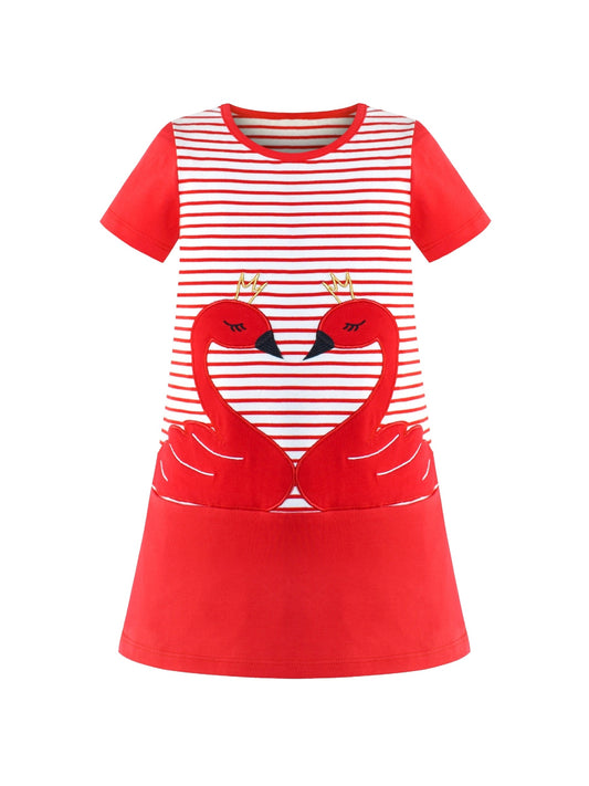 Girls Dress Cotton Green Crocodile Dinosaur Pocket Short Sleeve Red