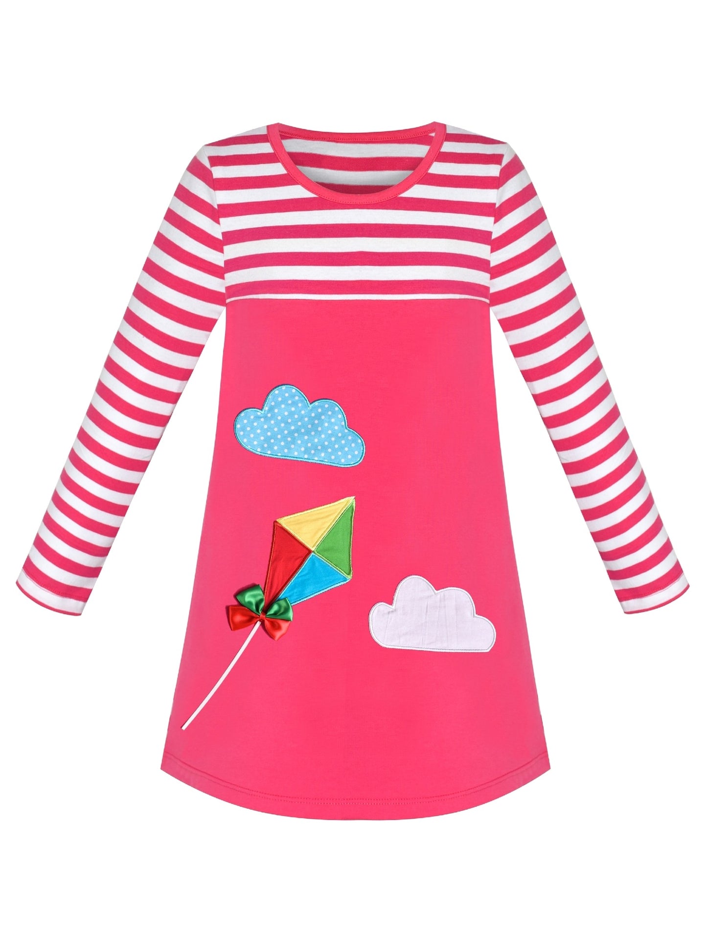 Girls Casual Dress Cotton Long Sleeve Kite Cloud Embroidered Pink