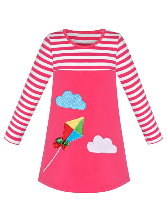 Girls Casual Dress Cotton Long Sleeve Kite Cloud Embroidered Pink