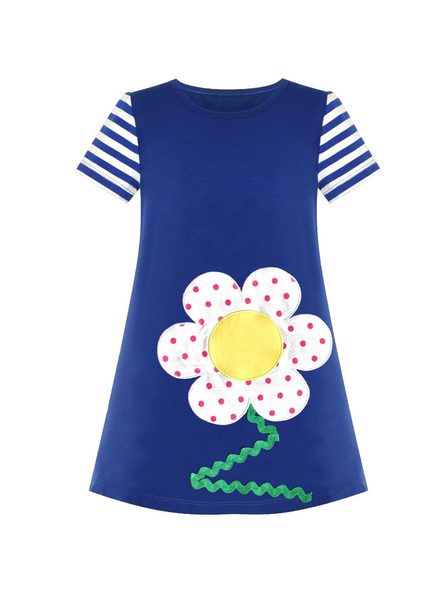 Girls Dress Cotton Green Crocodile Dinosaur Pocket Short Sleeve Blue