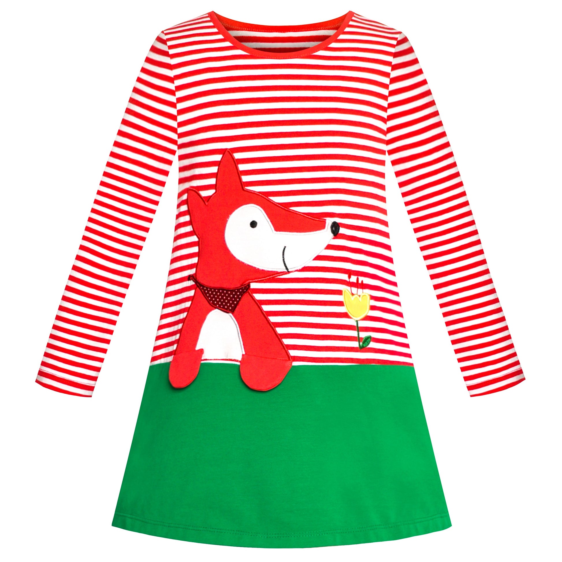Girls Casual Dress Cotton Long Sleeve Kite Cloud Embroidered Red