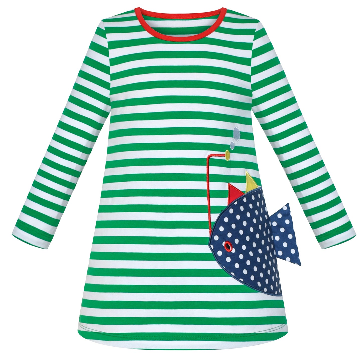 Girls Casual Dress Cotton Long Sleeve Kite Cloud Embroidered Green