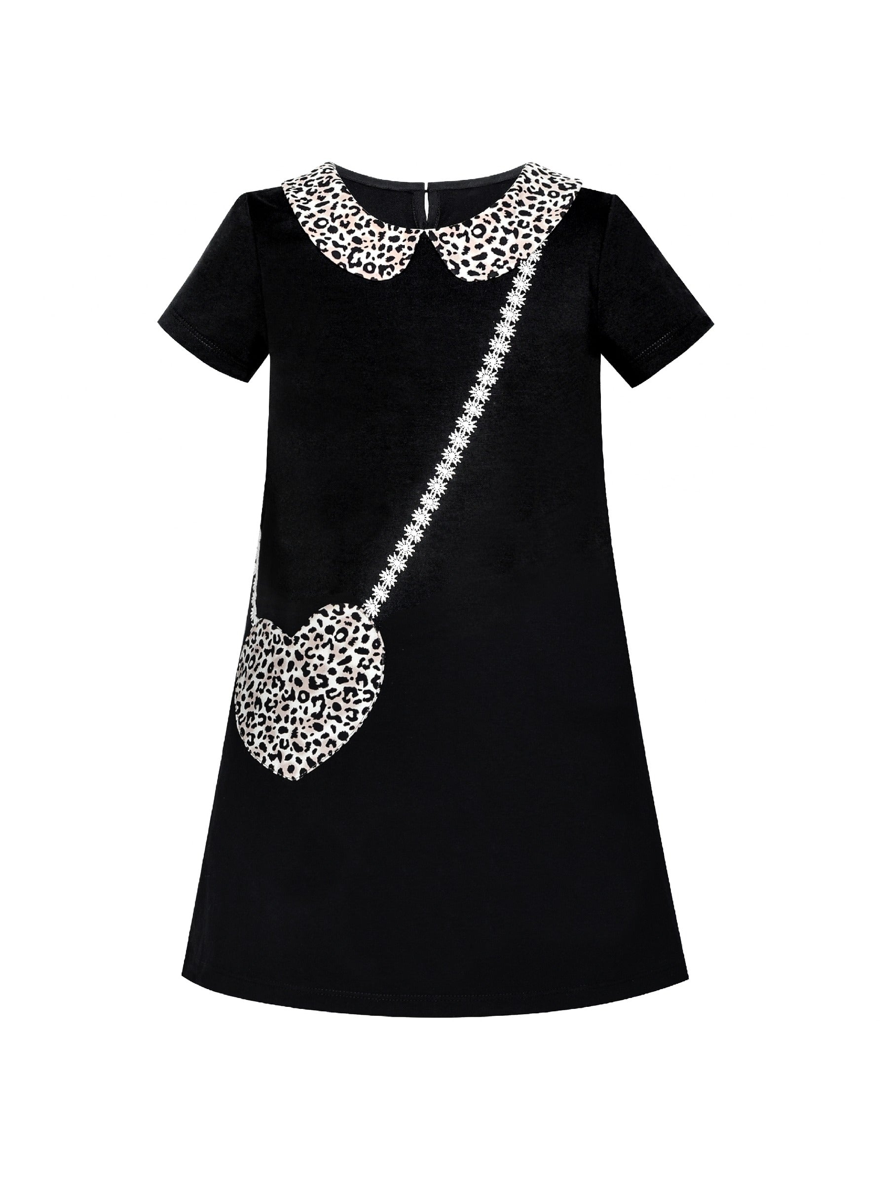 Girls Dress Casual Short Sleeve Leopard Collar Heart Pocket Bag Black