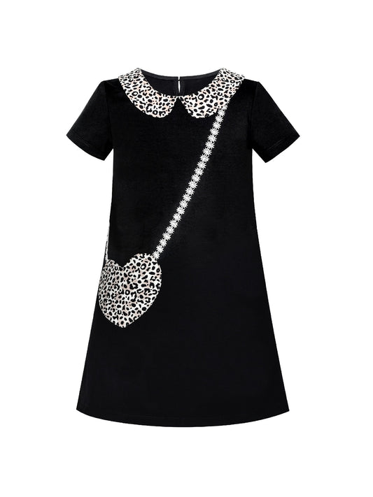 Girls Dress Casual Short Sleeve Leopard Collar Heart Pocket Bag Black