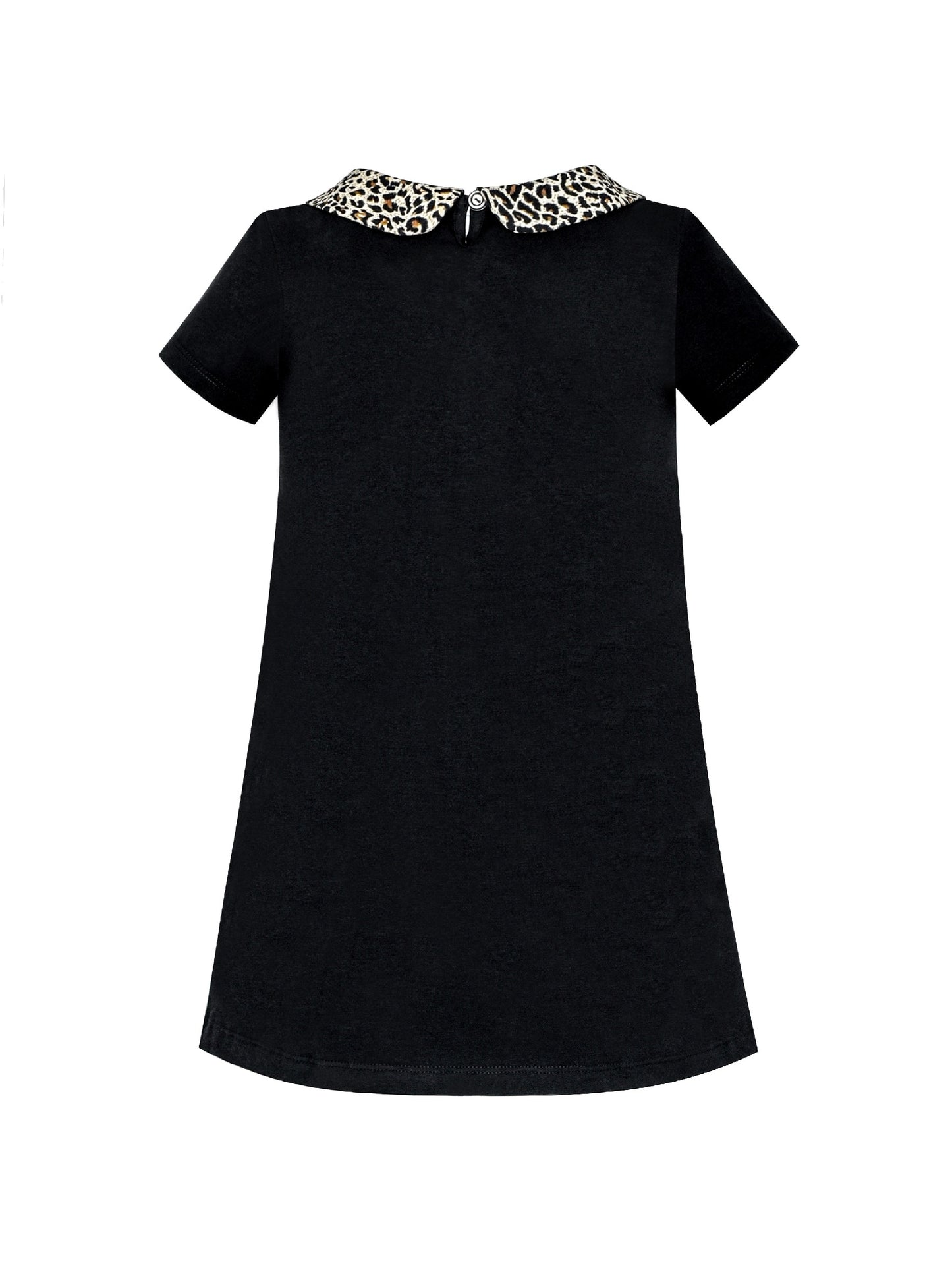 Girls Dress Casual Short Sleeve Leopard Collar Heart Pocket Bag Black