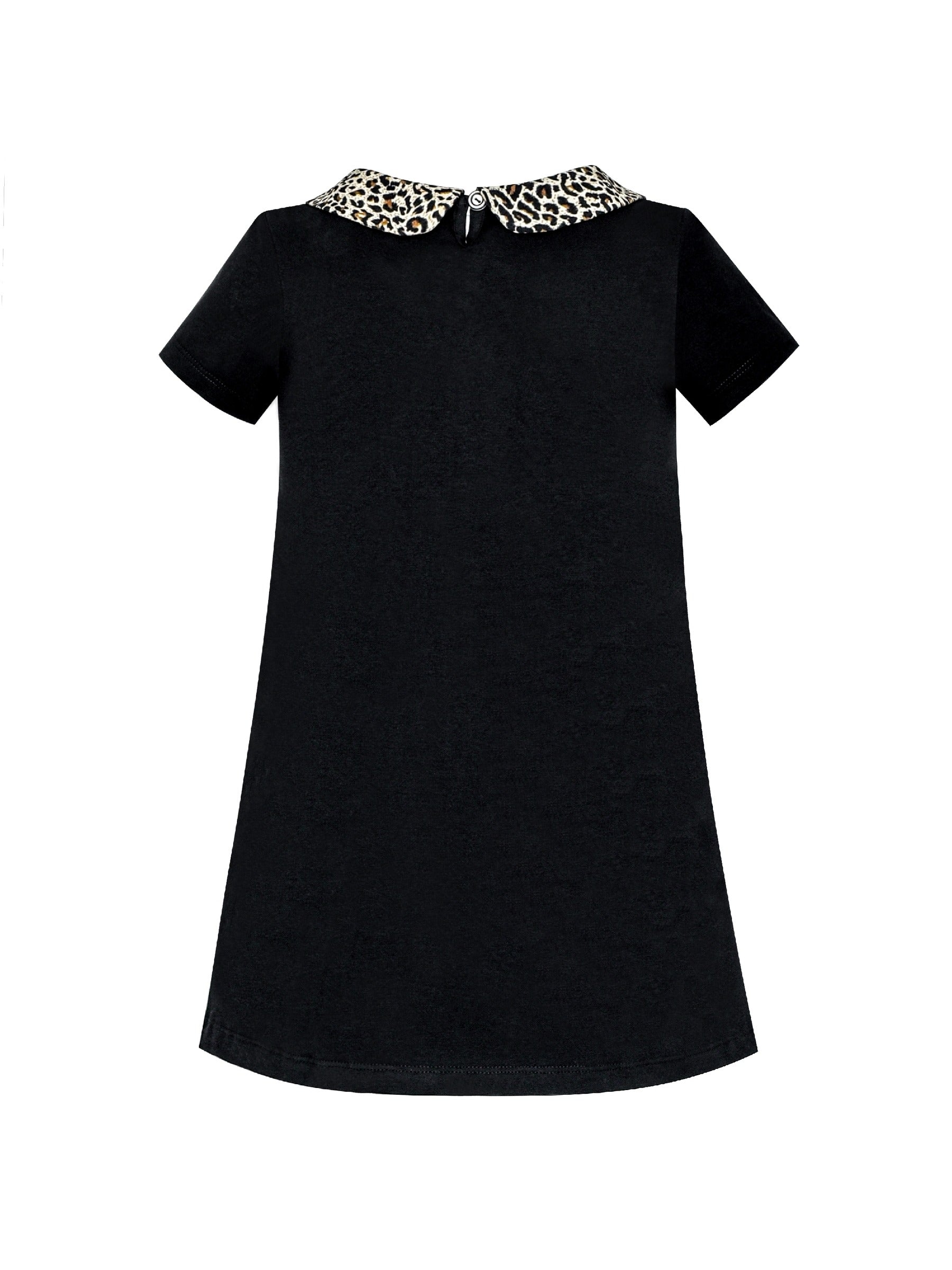 Girls Dress Casual Short Sleeve Leopard Collar Heart Pocket Bag Black