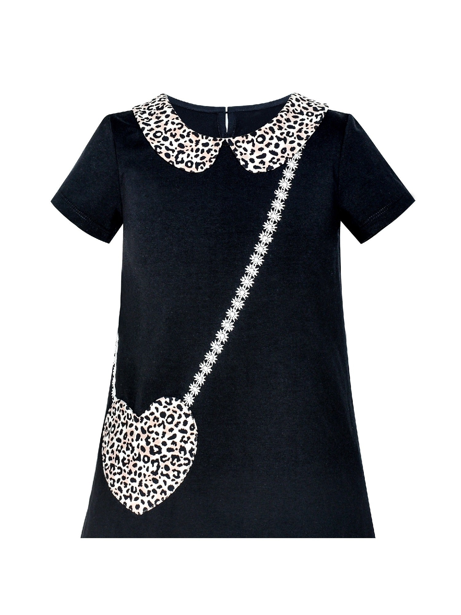 Girls Dress Casual Short Sleeve Leopard Collar Heart Pocket Bag Black