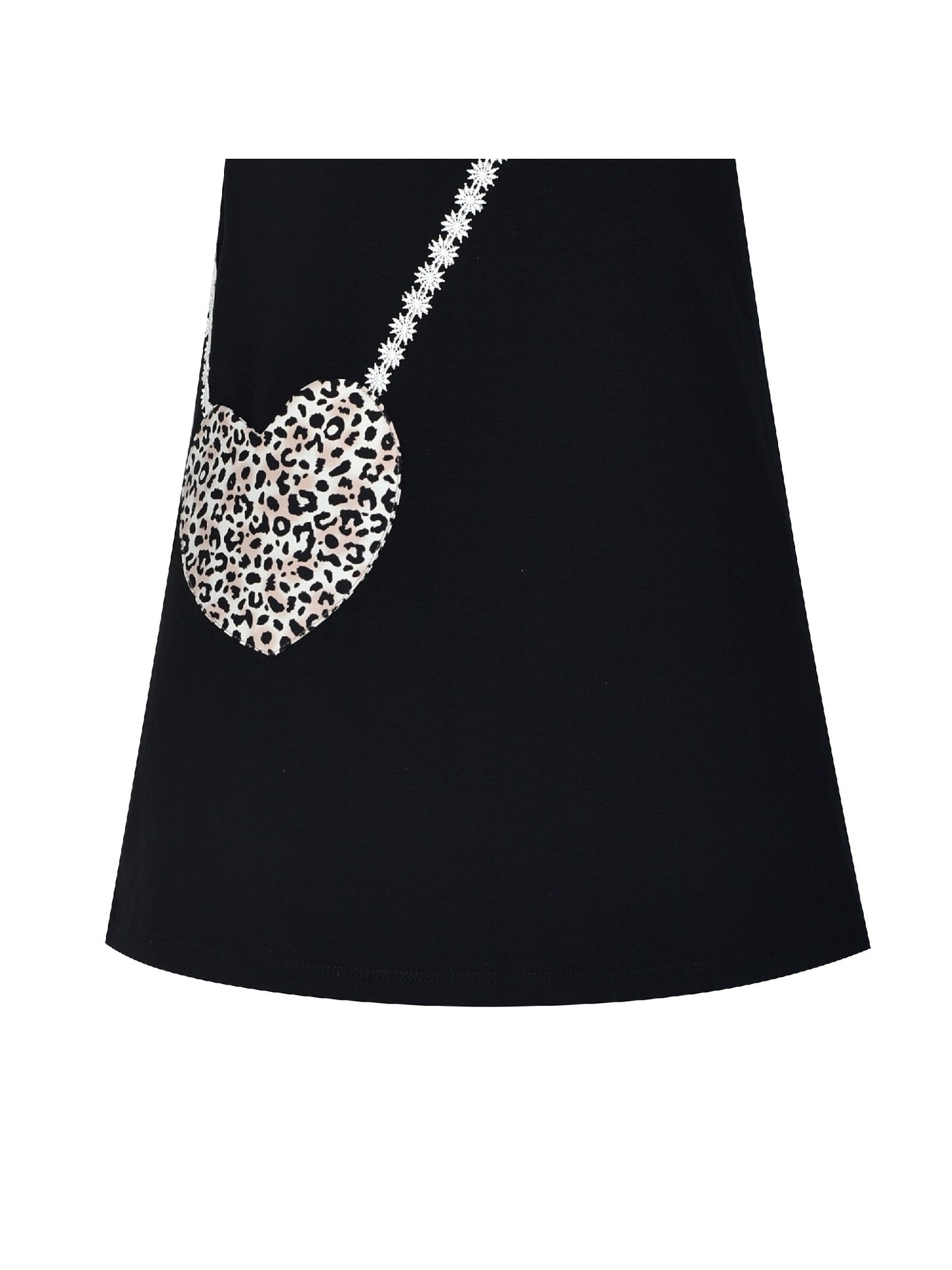 Girls Dress Casual Short Sleeve Leopard Collar Heart Pocket Bag Black