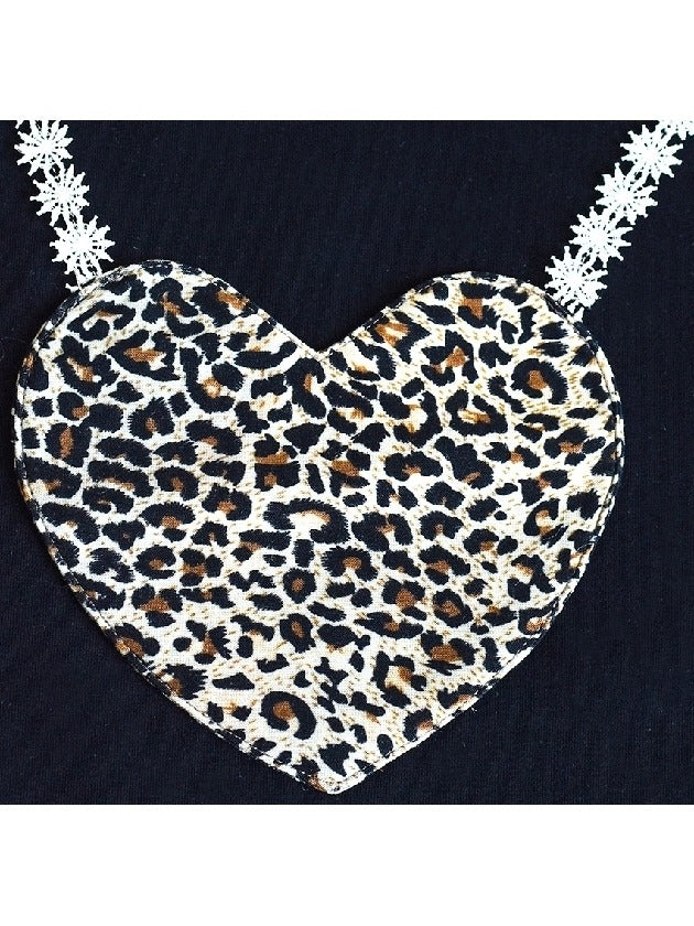 Girls Dress Casual Short Sleeve Leopard Collar Heart Pocket Bag Black