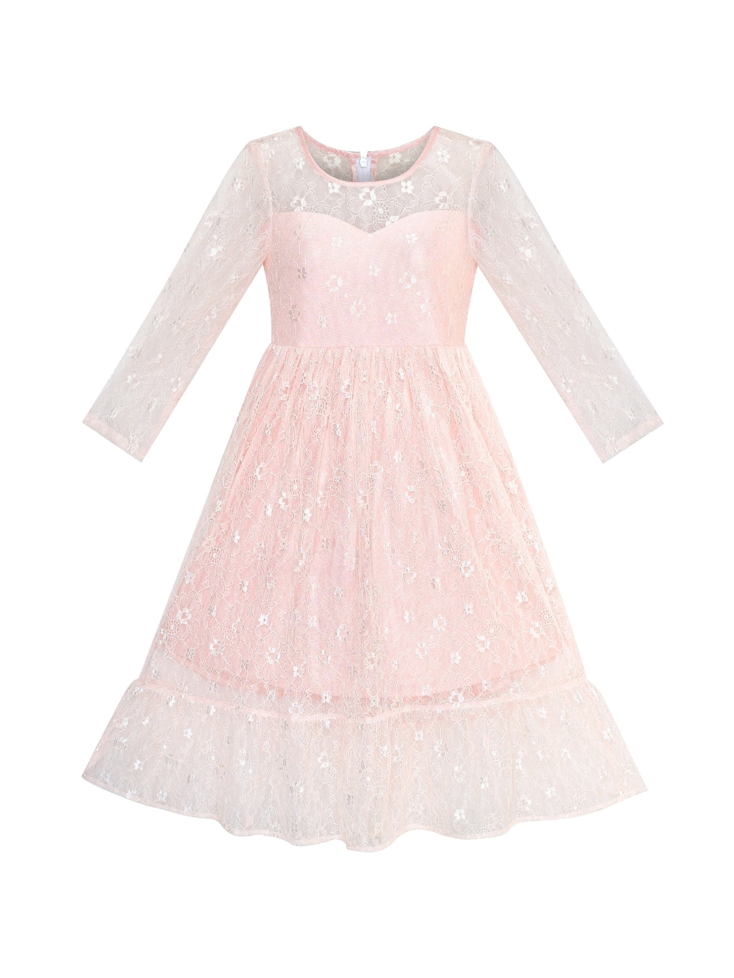 Girls Dress Lace Long Sleeve Off White Wedding Party Pink