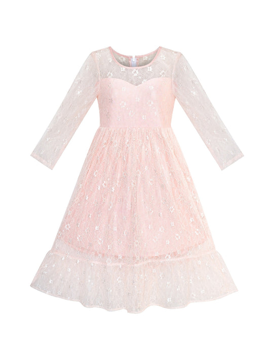 Girls Dress Lace Long Sleeve Off White Wedding Party Pink