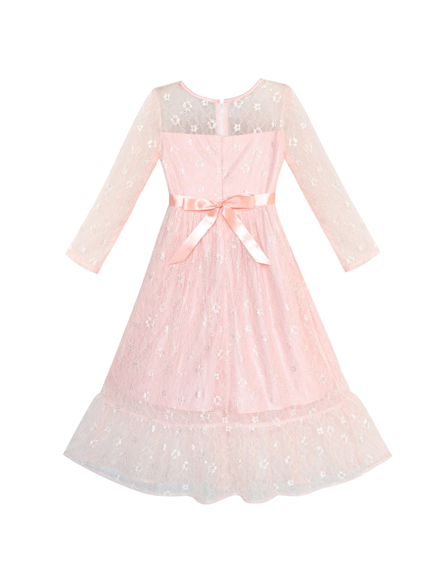 Girls Dress Lace Long Sleeve Off White Wedding Party Pink
