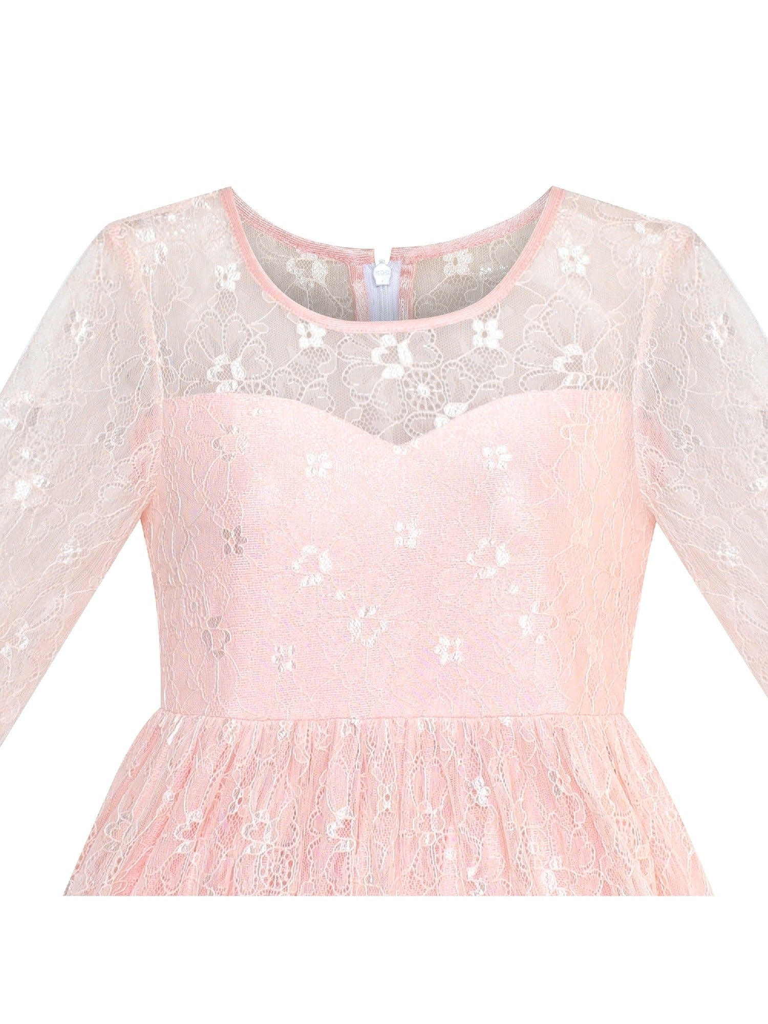 Girls Dress Lace Long Sleeve Off White Wedding Party Pink