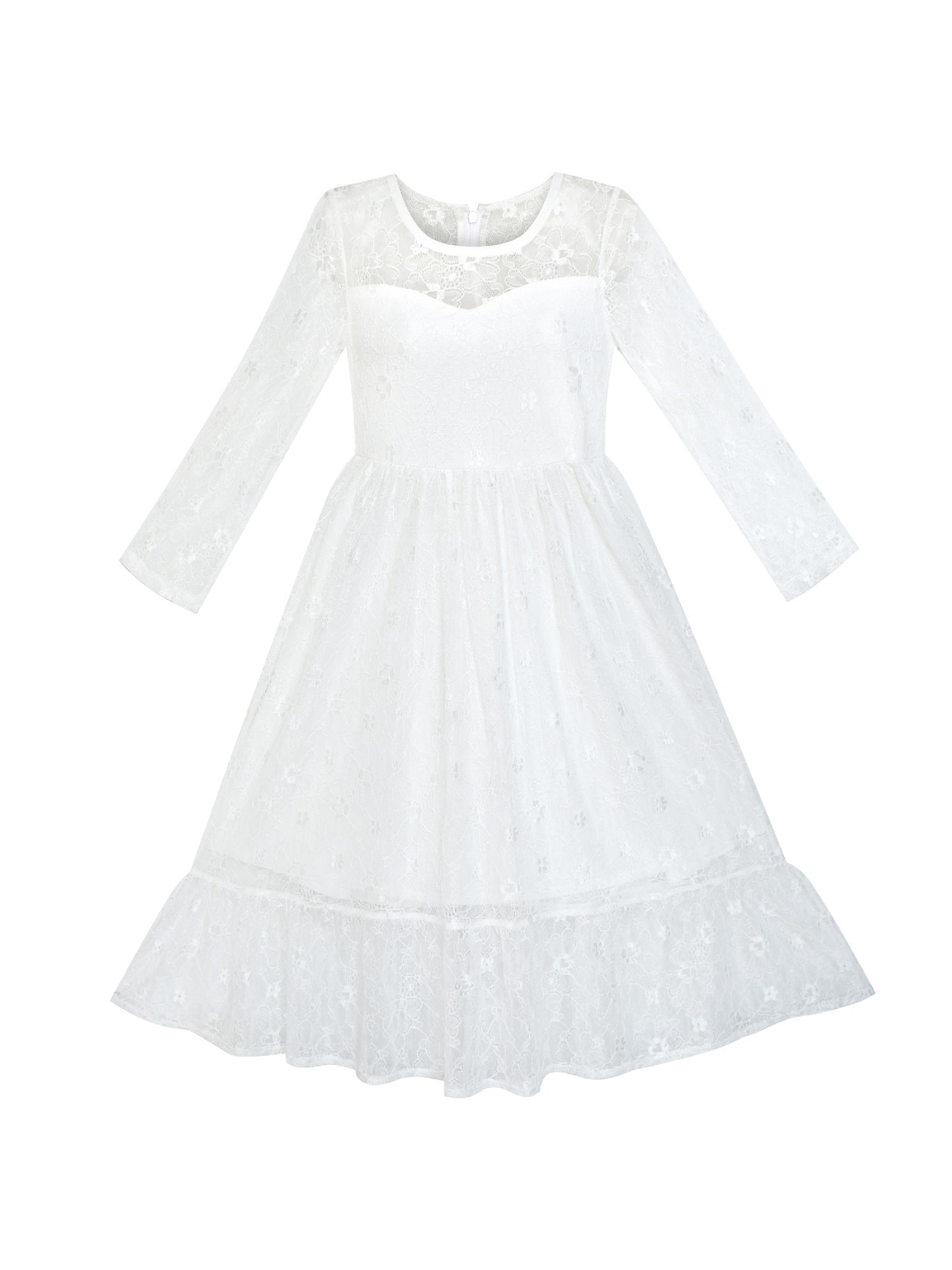 Girls Dress Lace Long Sleeve Off White Wedding Party White