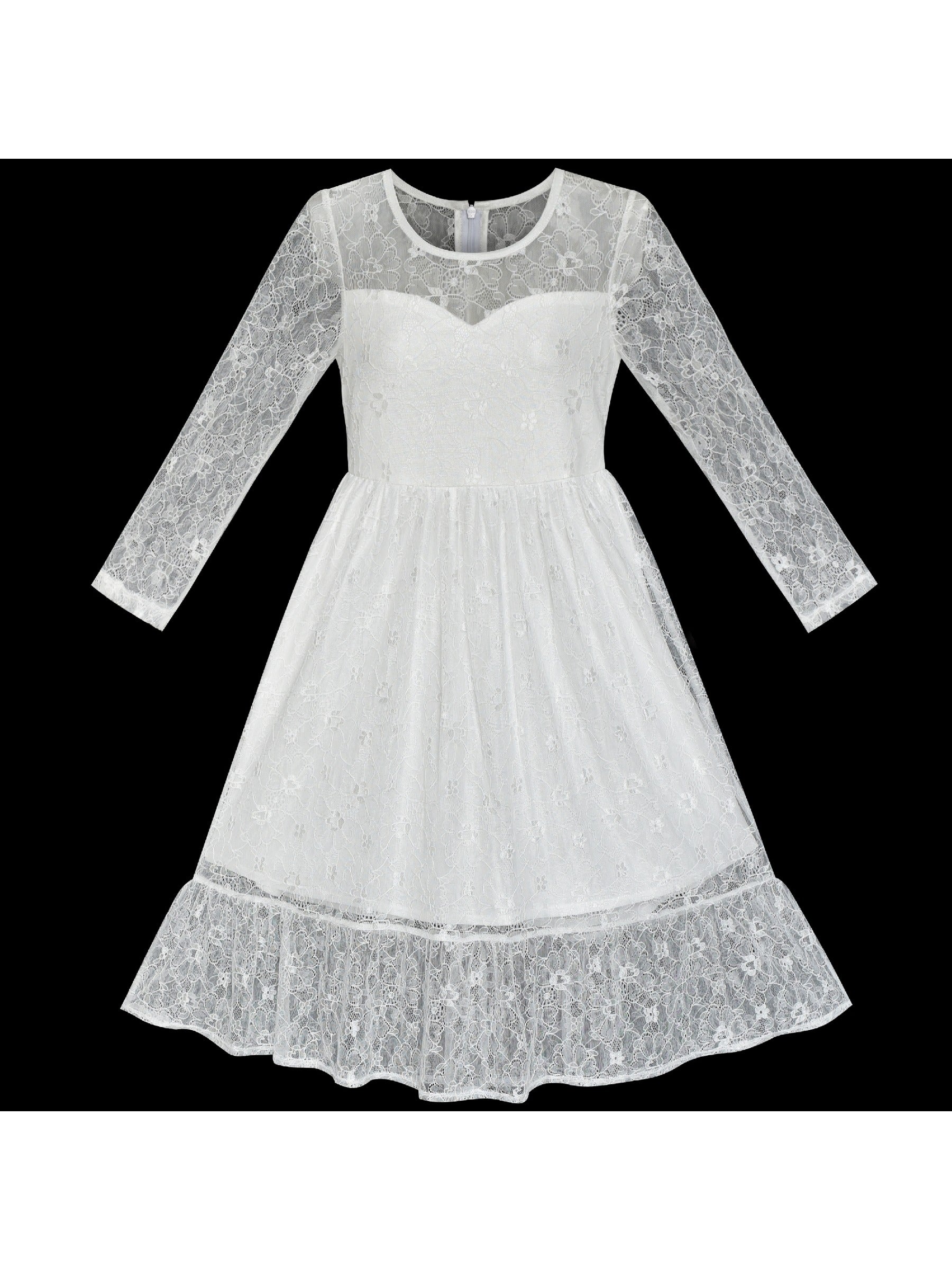 Girls Dress Lace Long Sleeve Off White Wedding Party White