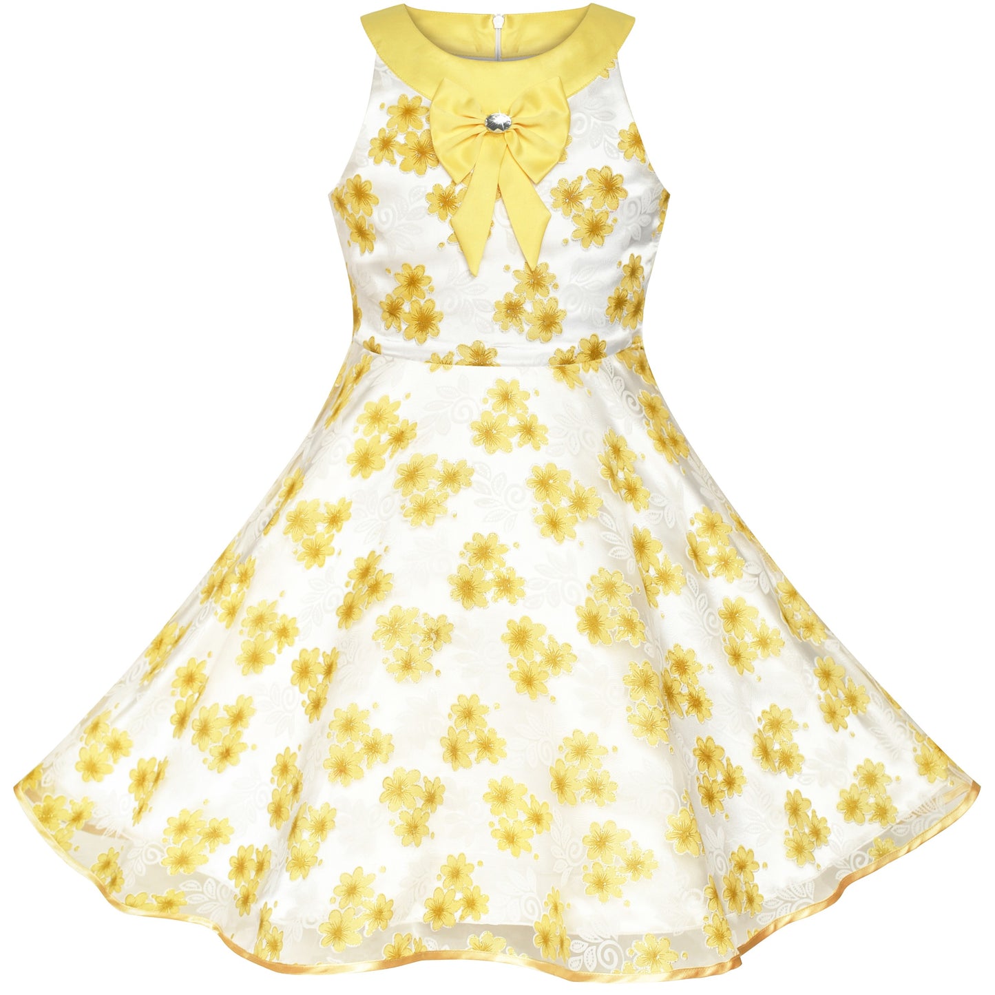 Girls Dress A-line Round Collar Sleeveless Pleated Bodice White Yellow