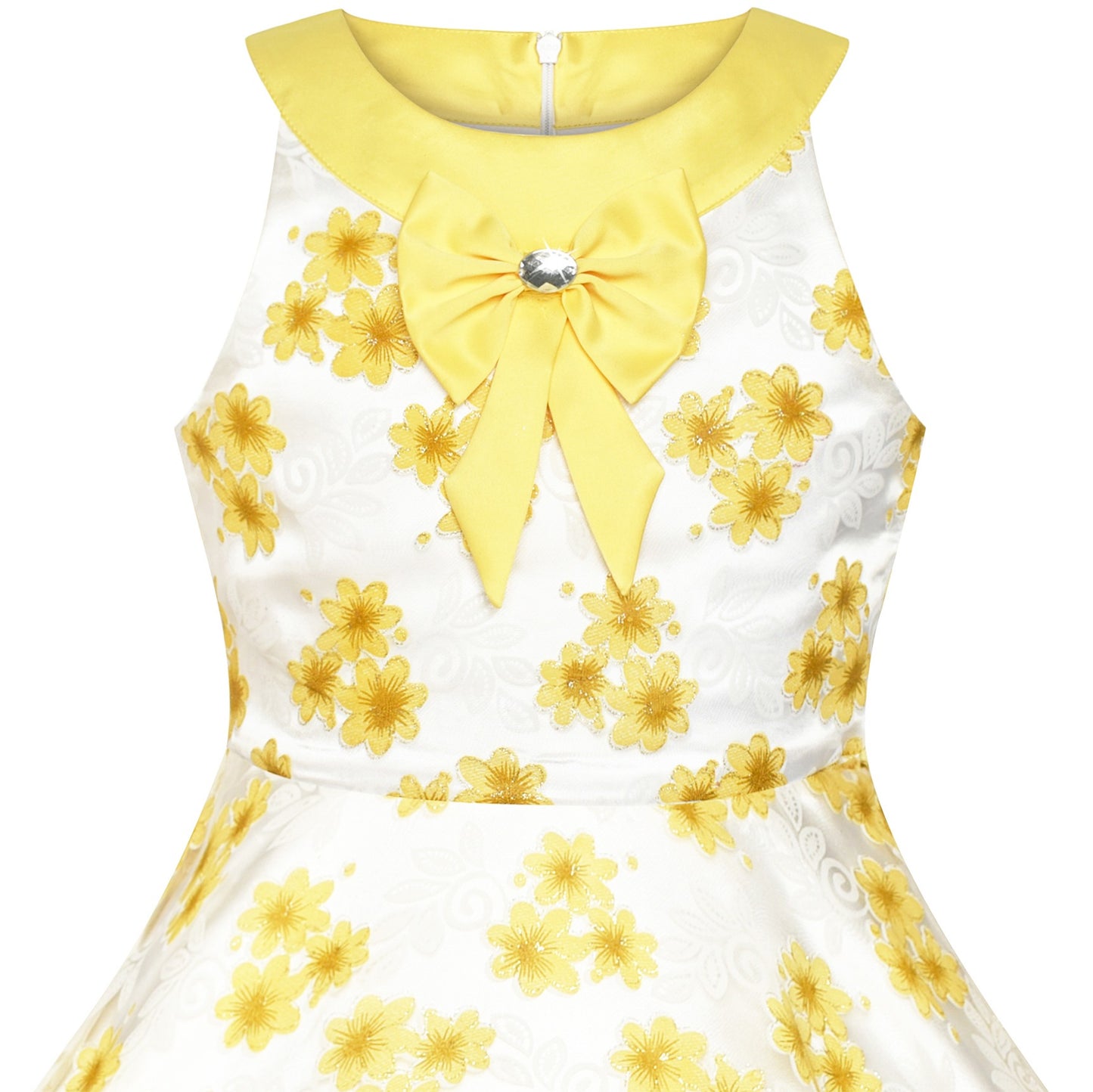 Girls Dress A-line Round Collar Sleeveless Pleated Bodice White Yellow