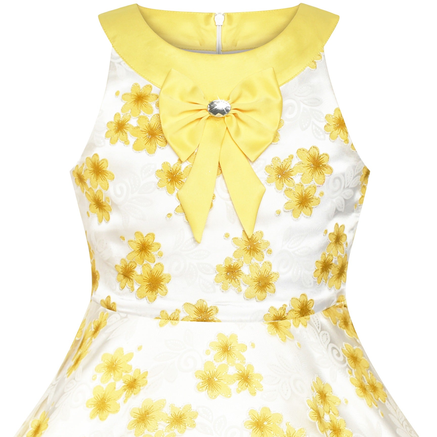 Girls Dress A-line Round Collar Sleeveless Pleated Bodice White Yellow