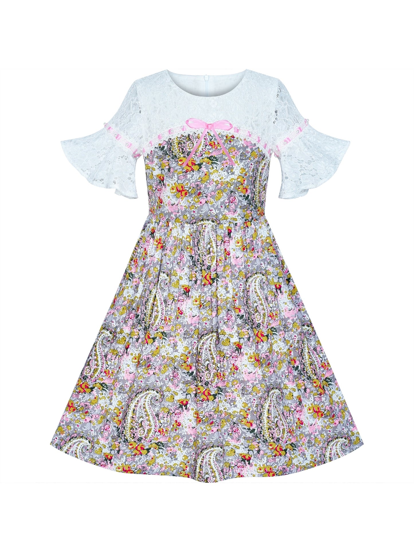 Girls Dress Lace Bell Sleeve Paisley Pattern Vintage Multi-Color