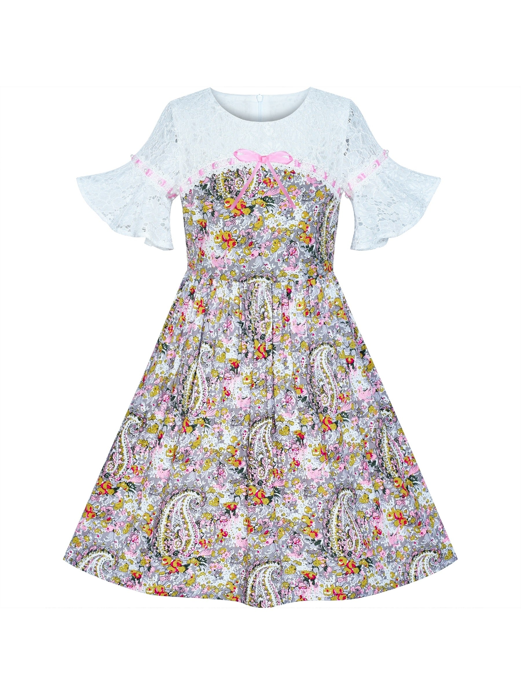Girls Dress Lace Bell Sleeve Paisley Pattern Vintage Multi-Color