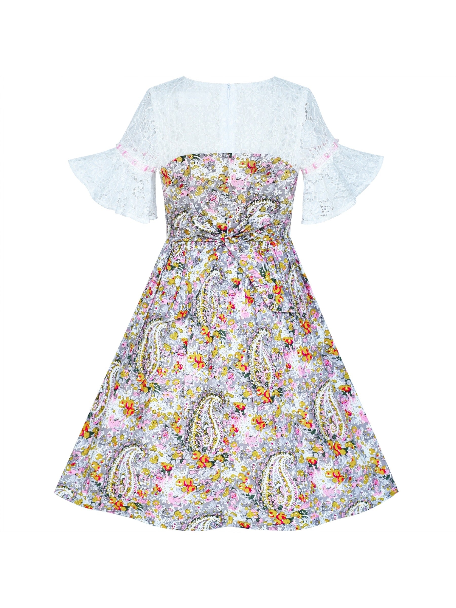Girls Dress Lace Bell Sleeve Paisley Pattern Vintage Multi-Color