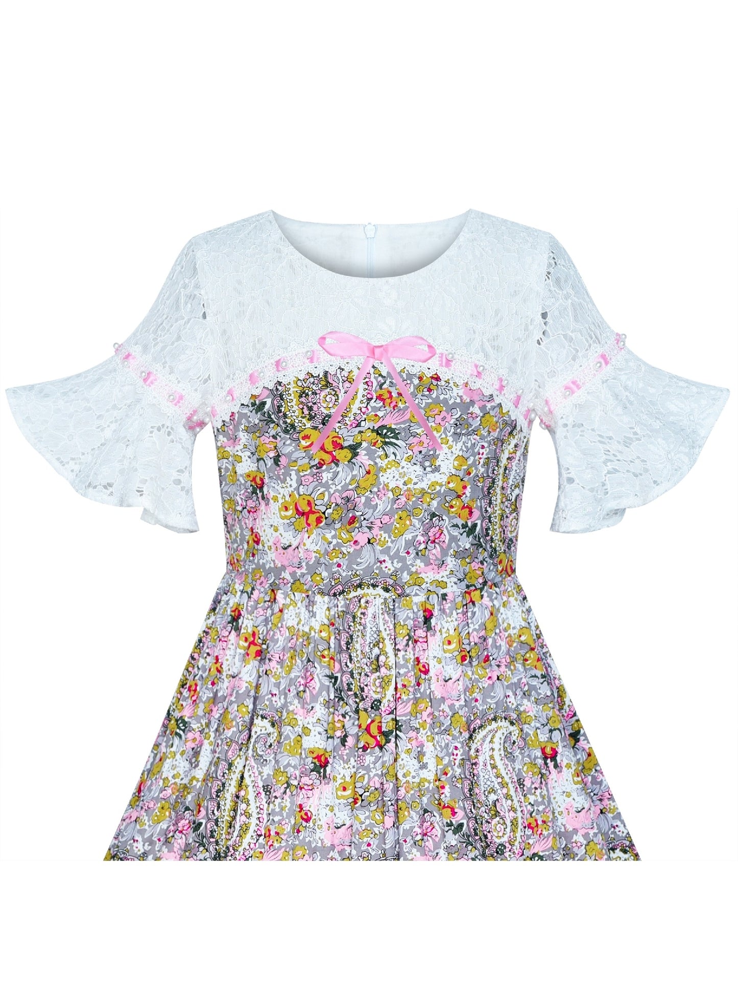 Girls Dress Lace Bell Sleeve Paisley Pattern Vintage Multi-Color
