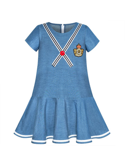 Girls Dress Denim Blue Short Sleeve School Uniform - Denim Blue