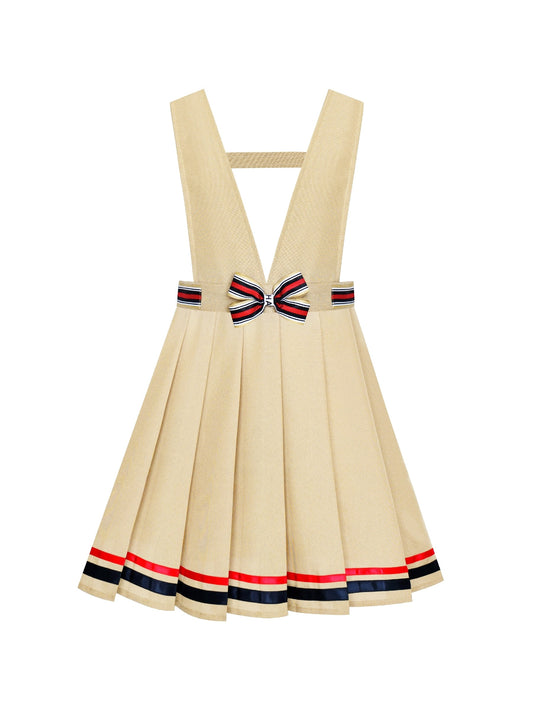 Girls Dress V Neck Pleated Hem School Uniform Yellow