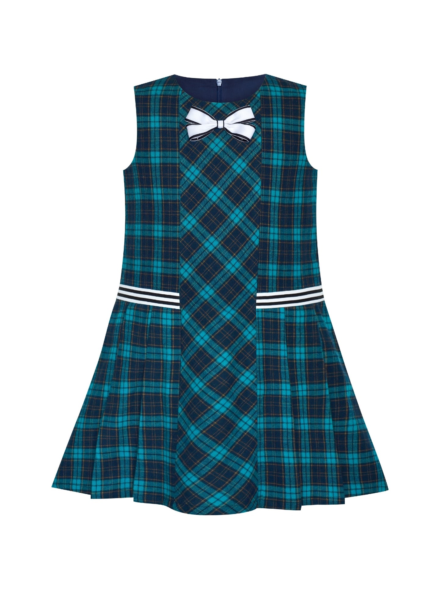 Girls Dress Plaid A-line Bow Tie School Uniform Blue