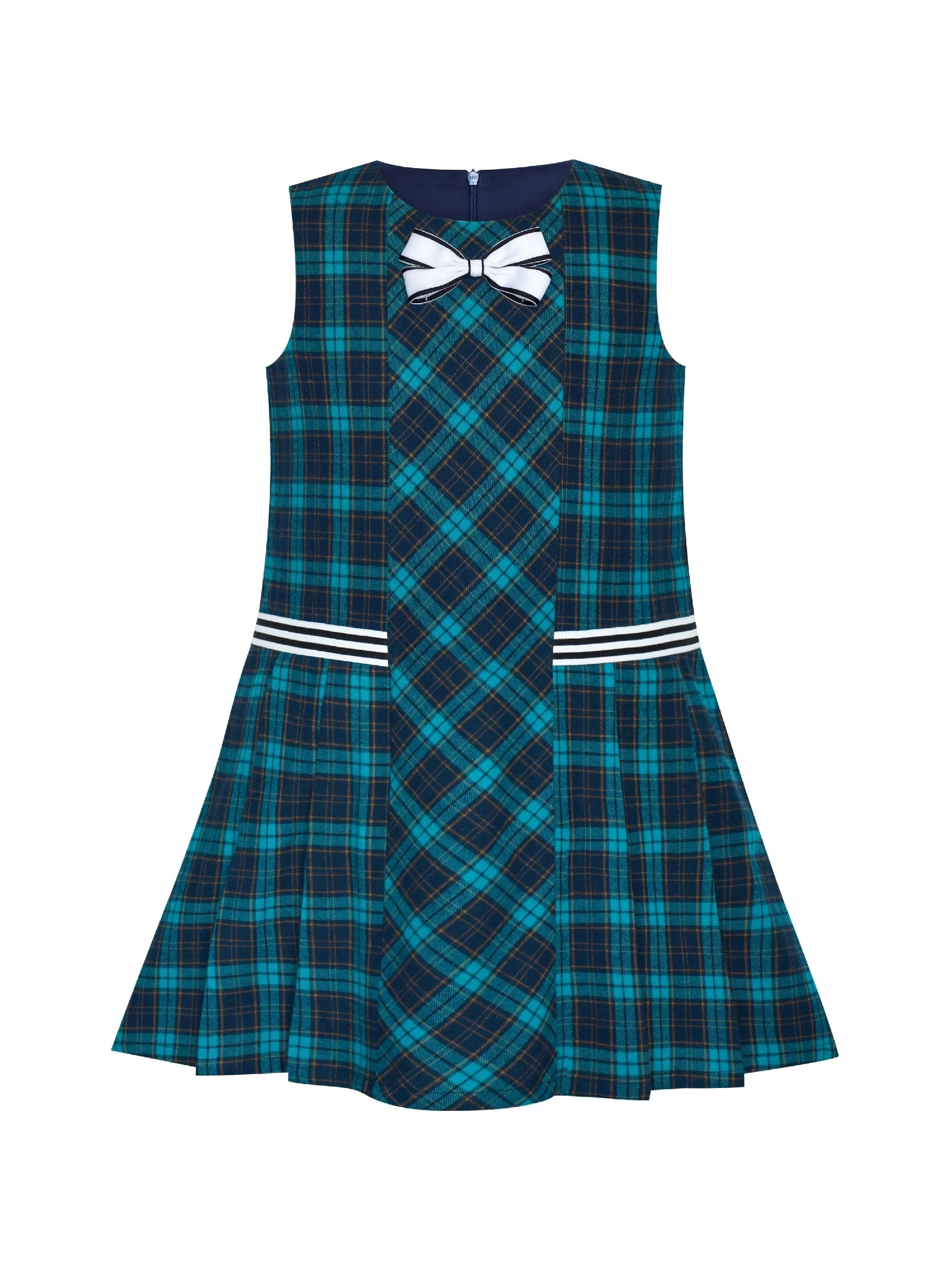 Girls Dress Plaid A-line Bow Tie School Uniform Blue