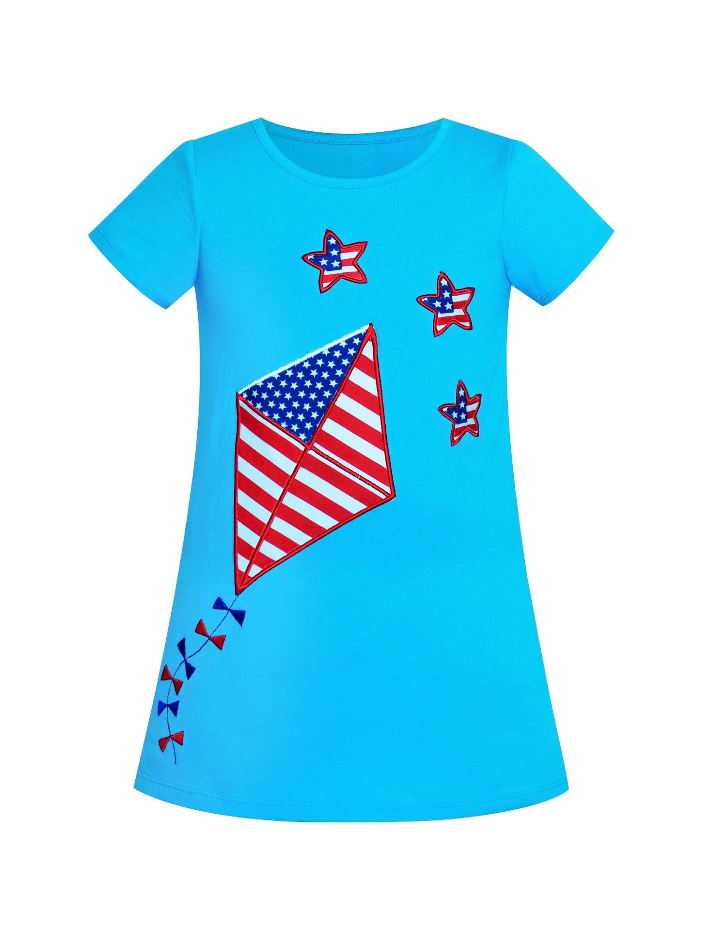 Girls Dress Cotton Green Crocodile Dinosaur Pocket Short Sleeve Blue