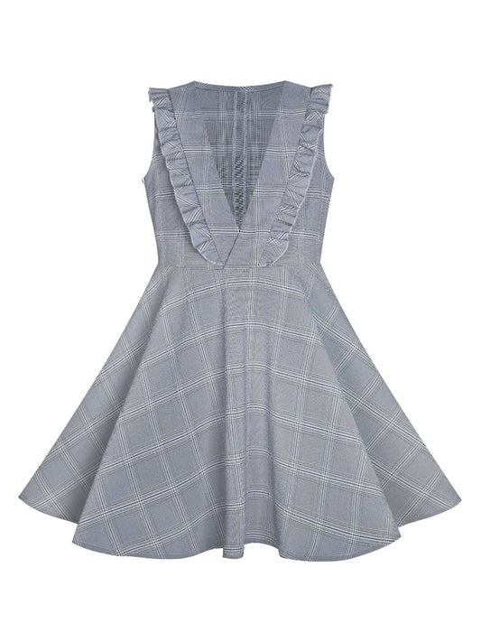 Girls Dress V Neck Pleated Hem Back School Uniform Gray Gray